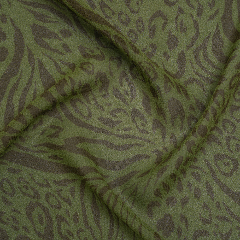 Viscose Georgette Print - Espresso Brown and Jungle Green Abstract Leopard Spots and Zebra Stripes - Designer Deadstock Viscose Georgette Print - Espresso Brown and Jungle Green Abstract Leopard Spots and Zebra Stripes - Designer Deadstock