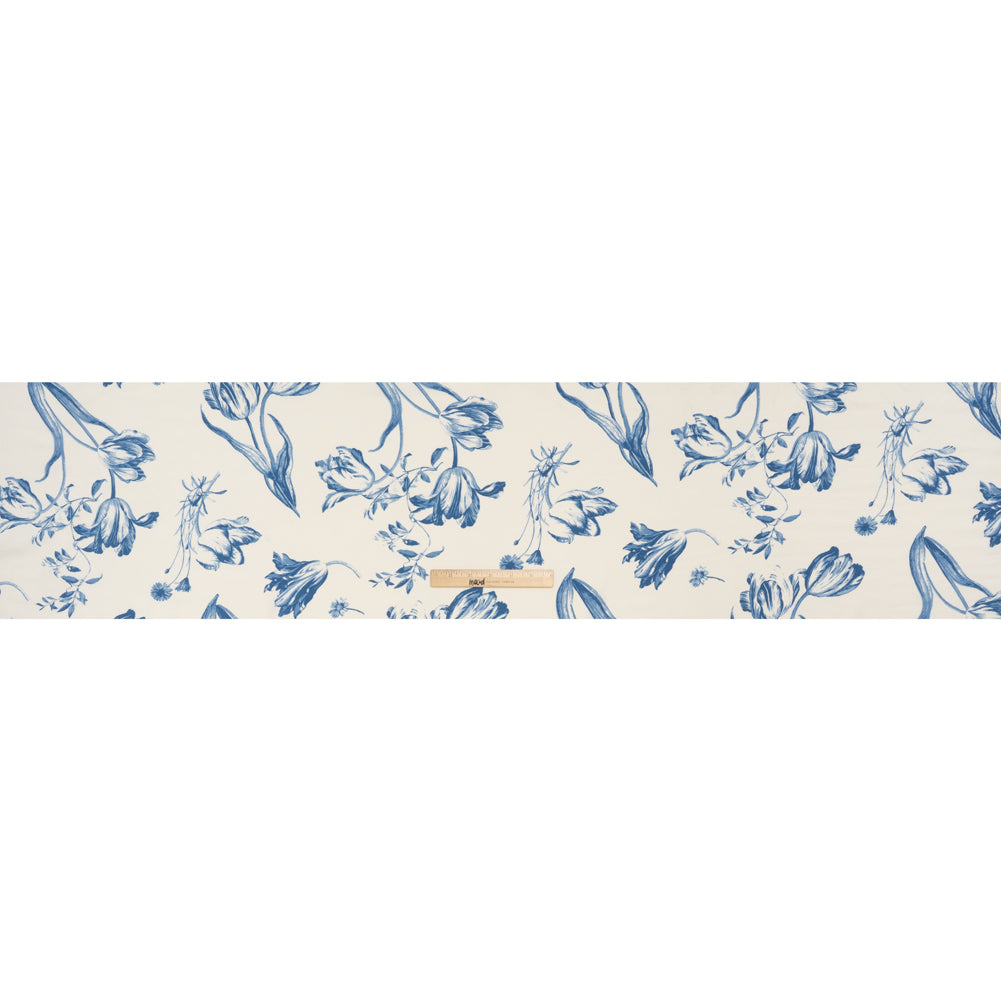 Sustainable Viscose Crepe Print - Denim Blue and White Large Tulip Floral - Designer Deadstock - Full Sustainable Viscose Crepe Print - Denim Blue and White Large Tulip Floral - Designer Deadstock - Full