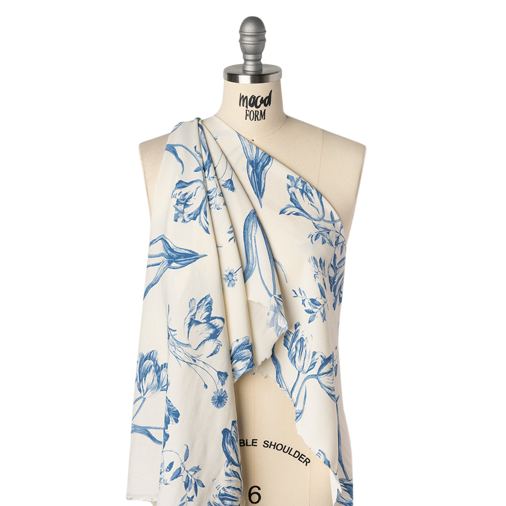 Sustainable Viscose Crepe Print - Denim Blue and White Large Tulip Floral - Designer Deadstock - Drape Sustainable Viscose Crepe Print - Denim Blue and White Large Tulip Floral - Designer Deadstock - Drape