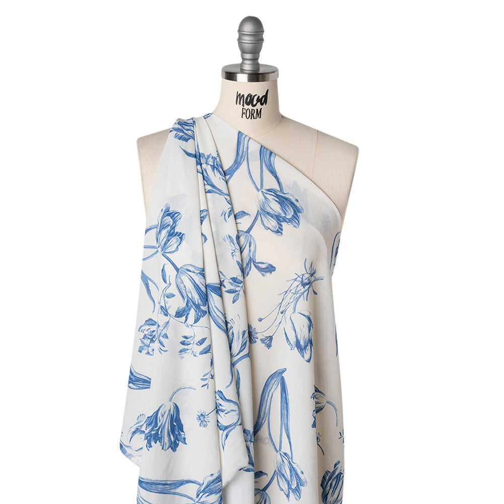 Viscose Georgette Print - Denim Blue and Cream Bold Tulip Floral - Designer Deadstock - Drape Viscose Georgette Print - Denim Blue and Cream Bold Tulip Floral - Designer Deadstock - Drape