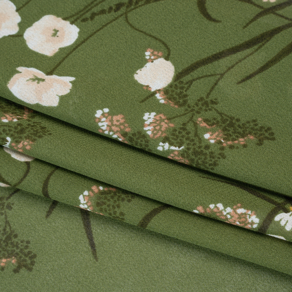 Viscose Georgette Print - Creamy Pink and Fern Green Wildflower Floral - Designer Deadstock - Folded Viscose Georgette Print - Creamy Pink and Fern Green Wildflower Floral - Designer Deadstock - Folded
