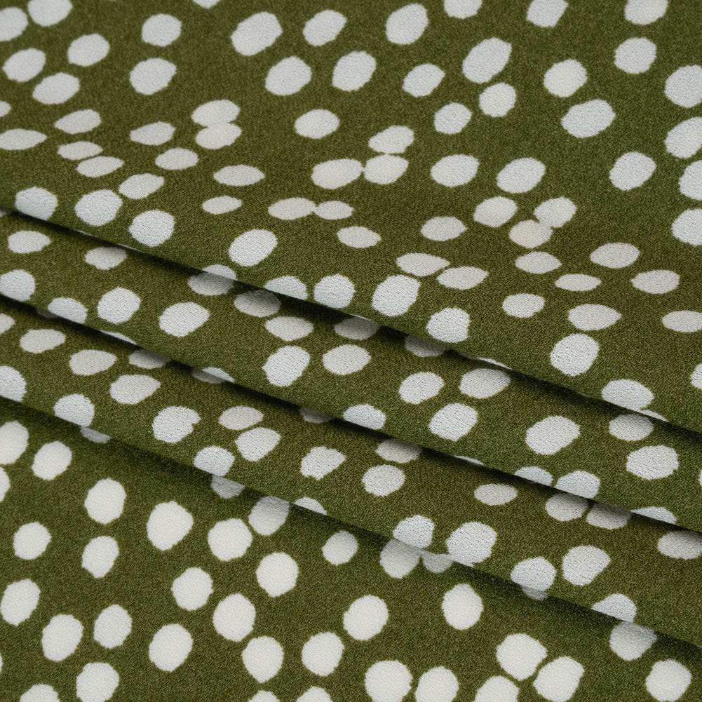 Sustainable Viscose Crepe Print - Moss Green and White Abstract Polka Dots - Designer Deadstock - Folded Sustainable Viscose Crepe Print - Moss Green and White Abstract Polka Dots - Designer Deadstock - Folded