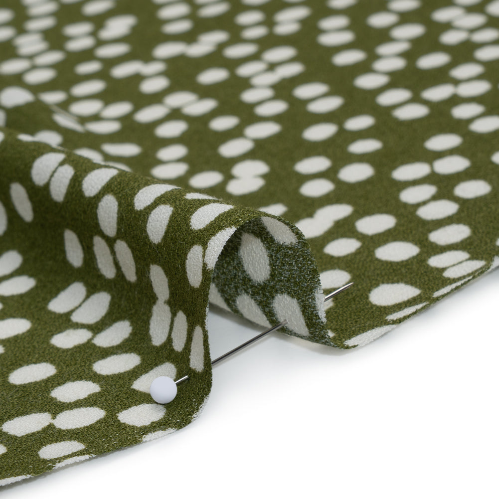 Sustainable Viscose Crepe Print - Moss Green and White Abstract Polka Dots - Designer Deadstock - Detail Sustainable Viscose Crepe Print - Moss Green and White Abstract Polka Dots - Designer Deadstock - Detail