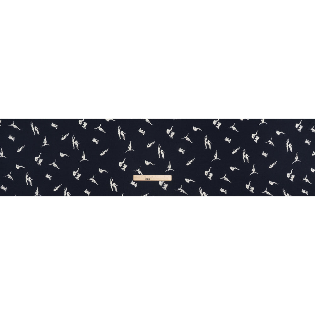Sustainable Viscose Crepe Print - Dark Navy and White Human Figures Illustration - Designer Deadstock - Full Sustainable Viscose Crepe Print - Dark Navy and White Human Figures Illustration - Designer Deadstock - Full