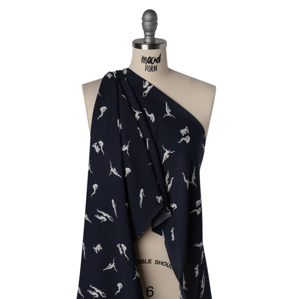 Sustainable Viscose Crepe Print - Dark Navy and White Human Figures Illustration - Designer Deadstock - Drape Sustainable Viscose Crepe Print - Dark Navy and White Human Figures Illustration - Designer Deadstock - Drape