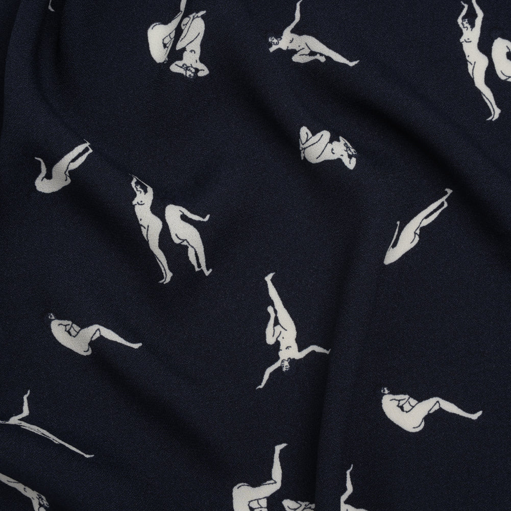 Sustainable Viscose Crepe Print - Dark Navy and White Human Figures Illustration - Designer Deadstock Sustainable Viscose Crepe Print - Dark Navy and White Human Figures Illustration - Designer Deadstock
