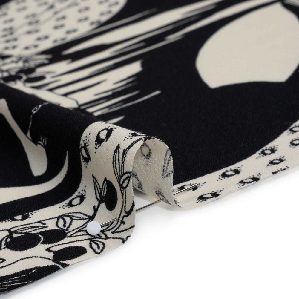 Sustainable Viscose Crepe Print - Black and White Greek Goddess Illustration - Designer Deadstock - Detail Sustainable Viscose Crepe Print - Black and White Greek Goddess Illustration - Designer Deadstock - Detail