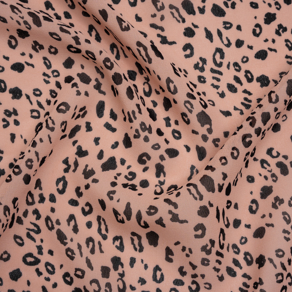 Viscose Georgette Print - Apricot Pink and Black Leopard Spots - Designer Deadstock Viscose Georgette Print - Apricot Pink and Black Leopard Spots - Designer Deadstock
