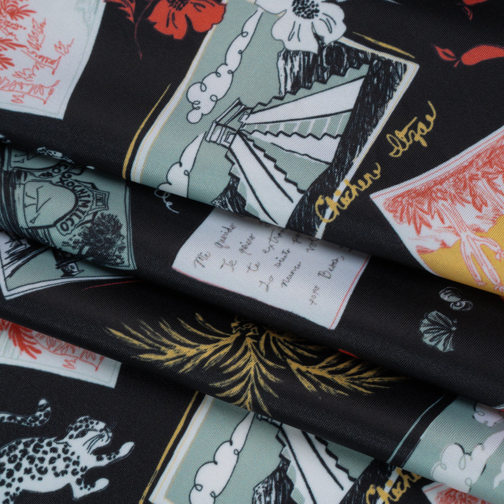 Stretch Econyl Nylon Jersey Print - Love Red, Jade Green and Black Postcard Illustration - Designer Deadstock - Folded Stretch Econyl Nylon Jersey Print - Love Red, Jade Green and Black Postcard Illustration - Designer Deadstock - Folded