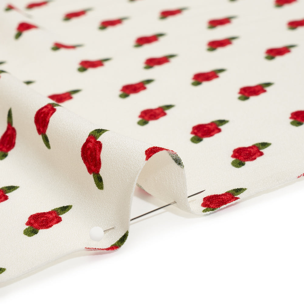 Sustainable Viscose Crepe Print - Ruby Red and Cream Rose Floral - Designer Deadstock - Detail Sustainable Viscose Crepe Print - Ruby Red and Cream Rose Floral - Designer Deadstock - Detail
