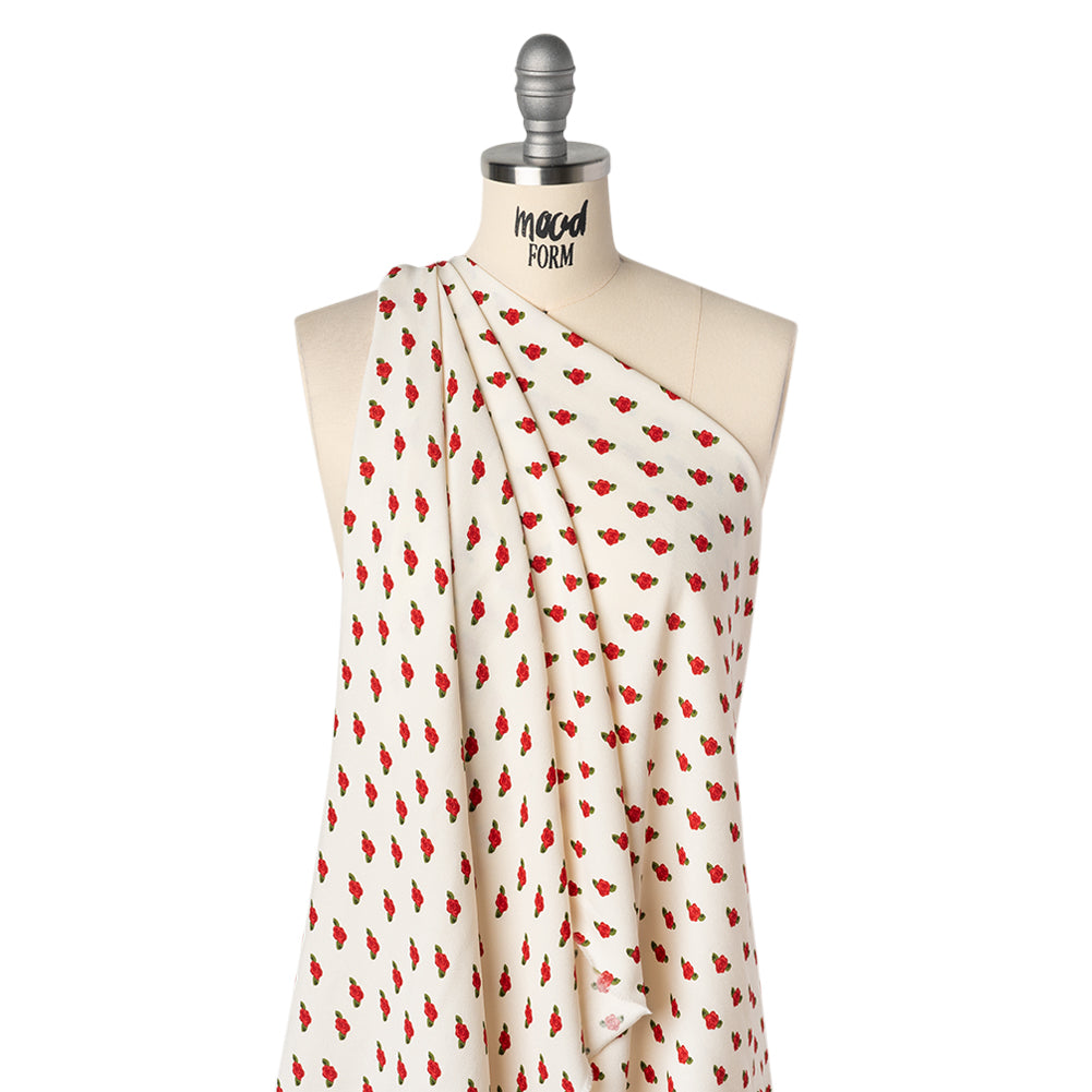 Sustainable Viscose Crepe Print - Ruby Red and Cream Rose Floral - Designer Deadstock - Drape Sustainable Viscose Crepe Print - Ruby Red and Cream Rose Floral - Designer Deadstock - Drape