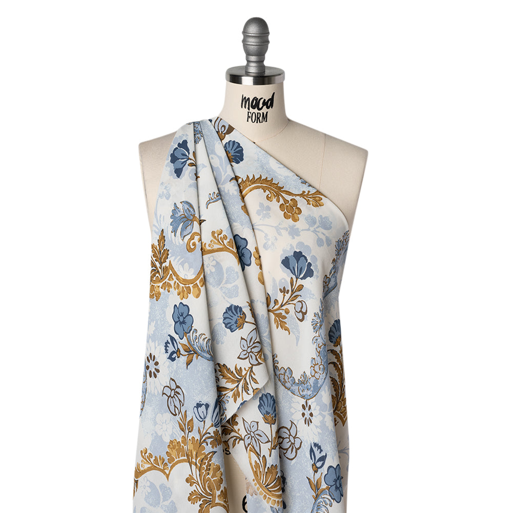 Viscose Georgette Print - Antique Gold, Marble Blue and Off White Floral Damask - Designer Deadstock - Drape Viscose Georgette Print - Antique Gold, Marble Blue and Off White Floral Damask - Designer Deadstock - Drape