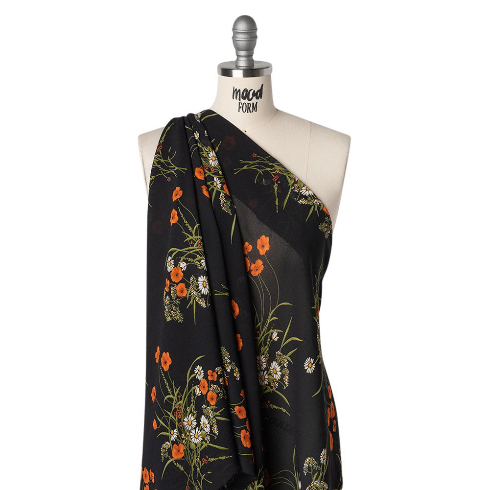 Viscose Georgette Print - Terracotta Orange, Black and Moss Green Wildflower Floral - Designer Deadstock - Drape Viscose Georgette Print - Terracotta Orange, Black and Moss Green Wildflower Floral - Designer Deadstock - Drape