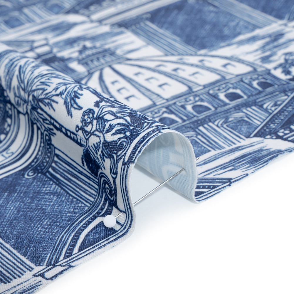 Stretch Econyl Nylon Jersey Print - Denim Blue and White Traditional Roman Architecture Illustration - Designer Deadstock - Detail Stretch Econyl Nylon Jersey Print - Denim Blue and White Traditional Roman Architecture Illustration - Designer Deadstock - Detail