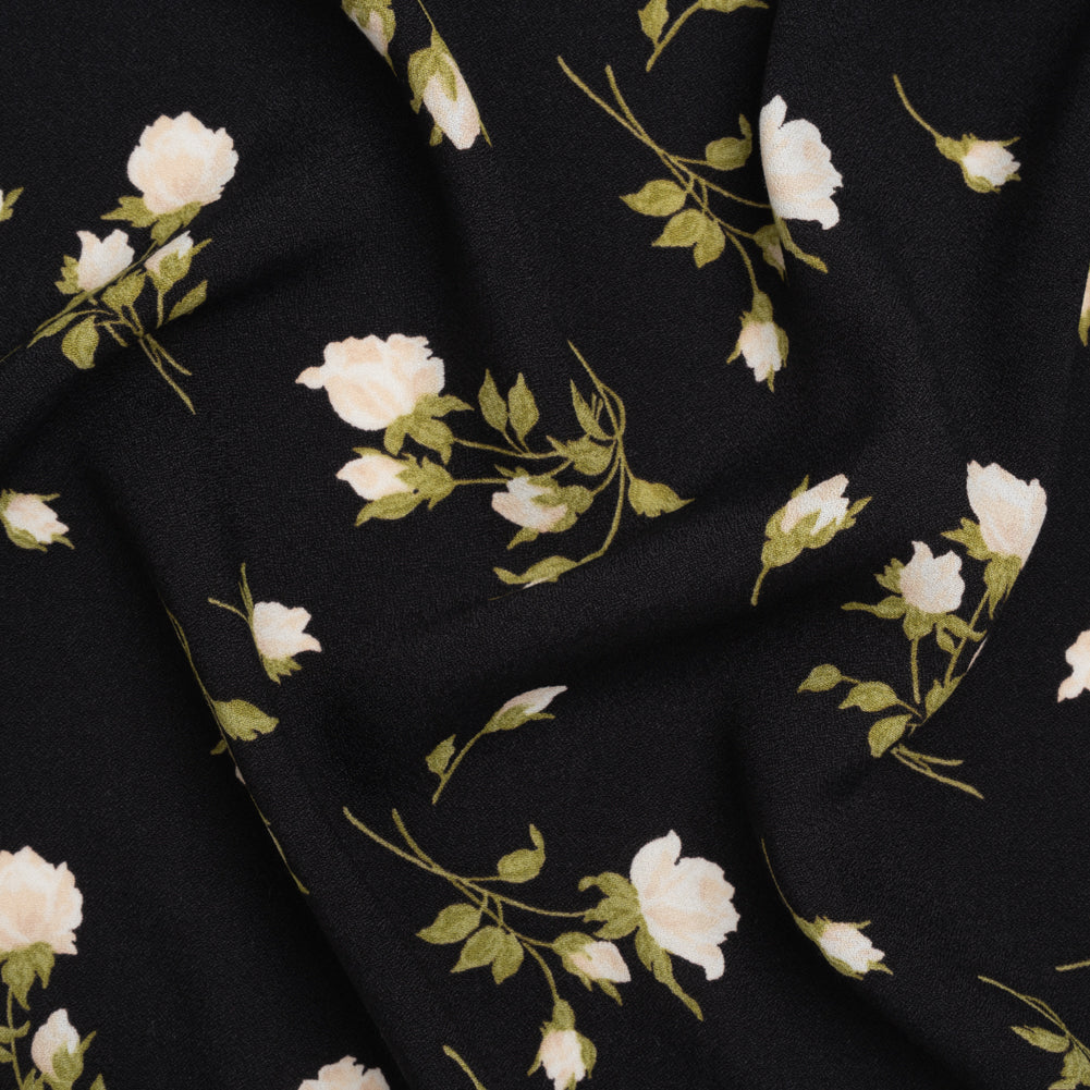 Sustainable Viscose Crepe Print - Light Pale Pink, Moss Green and Black Rose Floral - Designer Deadstock Sustainable Viscose Crepe Print - Light Pale Pink, Moss Green and Black Rose Floral - Designer Deadstock
