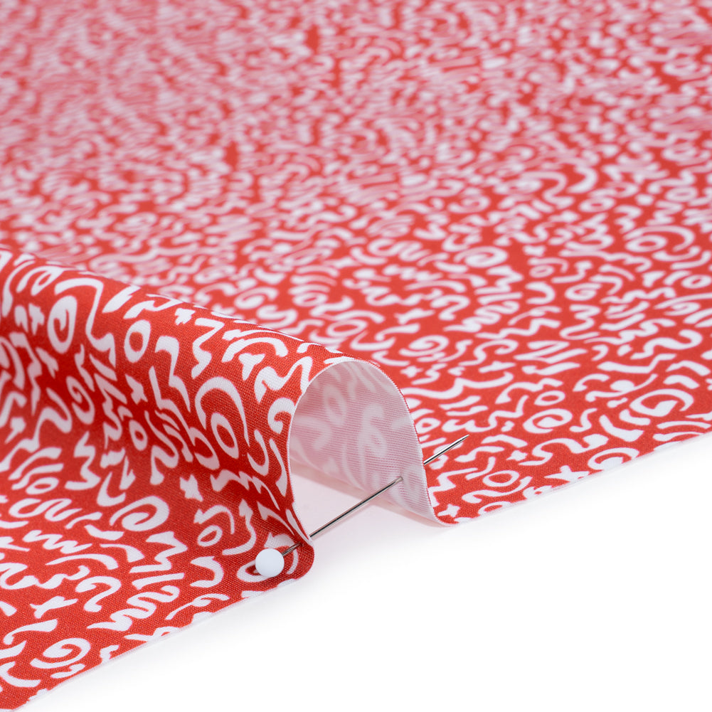 Stretch Econyl Nylon Jersey Print - Vivid Red and White Doodle Illustration - Designer Deadstock - Detail Stretch Econyl Nylon Jersey Print - Vivid Red and White Doodle Illustration - Designer Deadstock - Detail