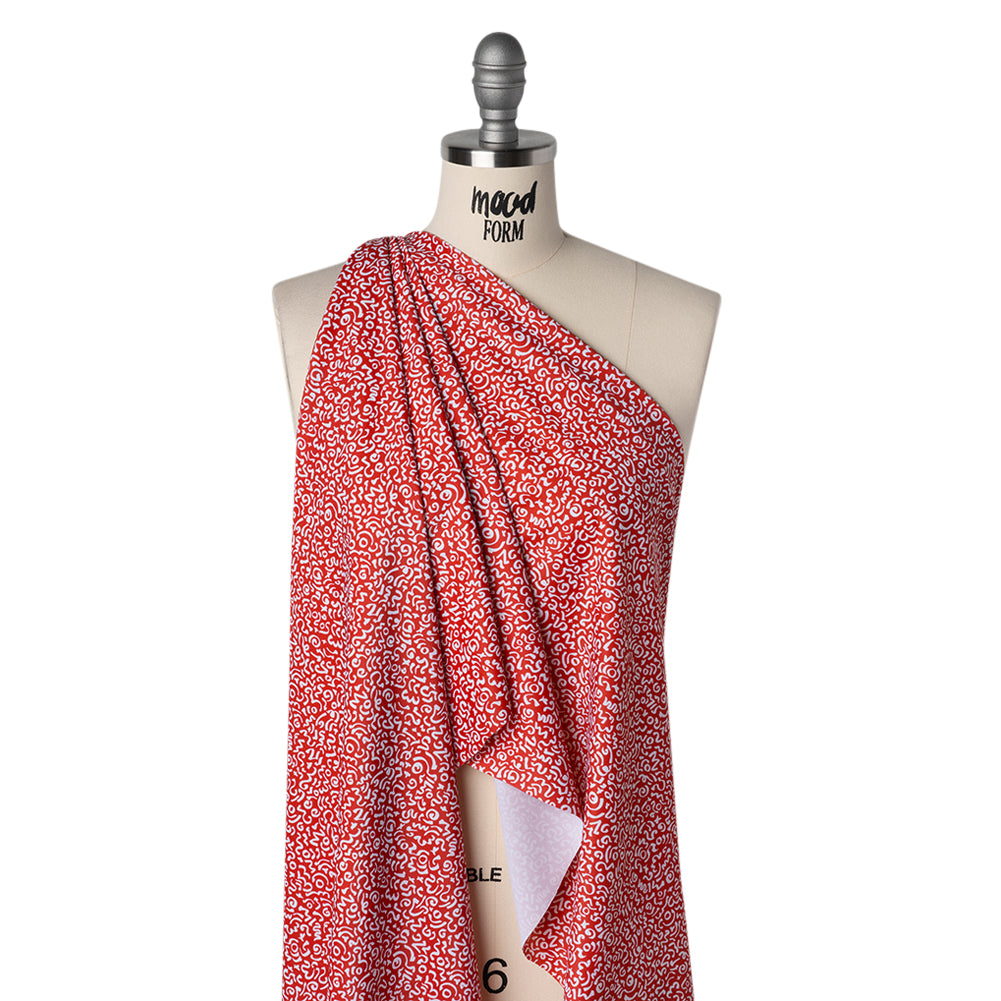 Stretch Econyl Nylon Jersey Print - Vivid Red and White Doodle Illustration - Designer Deadstock - Drape Stretch Econyl Nylon Jersey Print - Vivid Red and White Doodle Illustration - Designer Deadstock - Drape