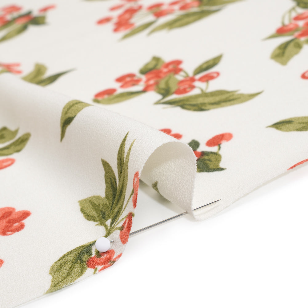 Sustainable Viscose Crepe Print - Soft Red, Moss Green and Light Cream Cherries Illustration - Designer Deadstock - Detail Sustainable Viscose Crepe Print - Soft Red, Moss Green and Light Cream Cherries Illustration - Designer Deadstock - Detail