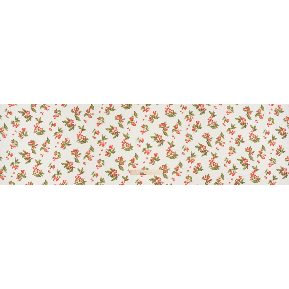Sustainable Viscose Crepe Print - Soft Red, Moss Green and Light Cream Cherries Illustration - Designer Deadstock - Full Sustainable Viscose Crepe Print - Soft Red, Moss Green and Light Cream Cherries Illustration - Designer Deadstock - Full