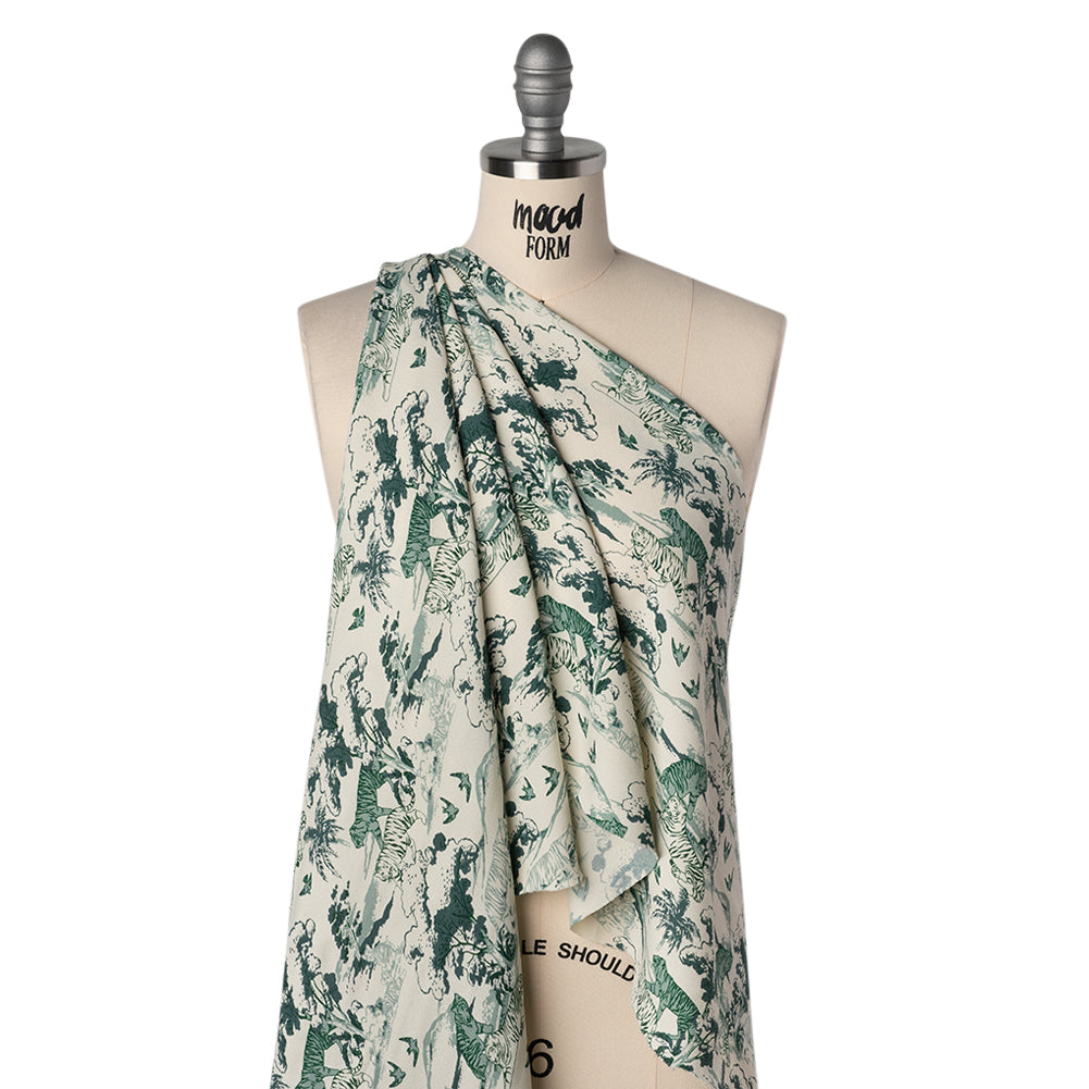 Sustainable Viscose Crepe Print - Green and Cream Tigers in Nature Illustration - Designer Deadstock - Drape Sustainable Viscose Crepe Print - Green and Cream Tigers in Nature Illustration - Designer Deadstock - Drape