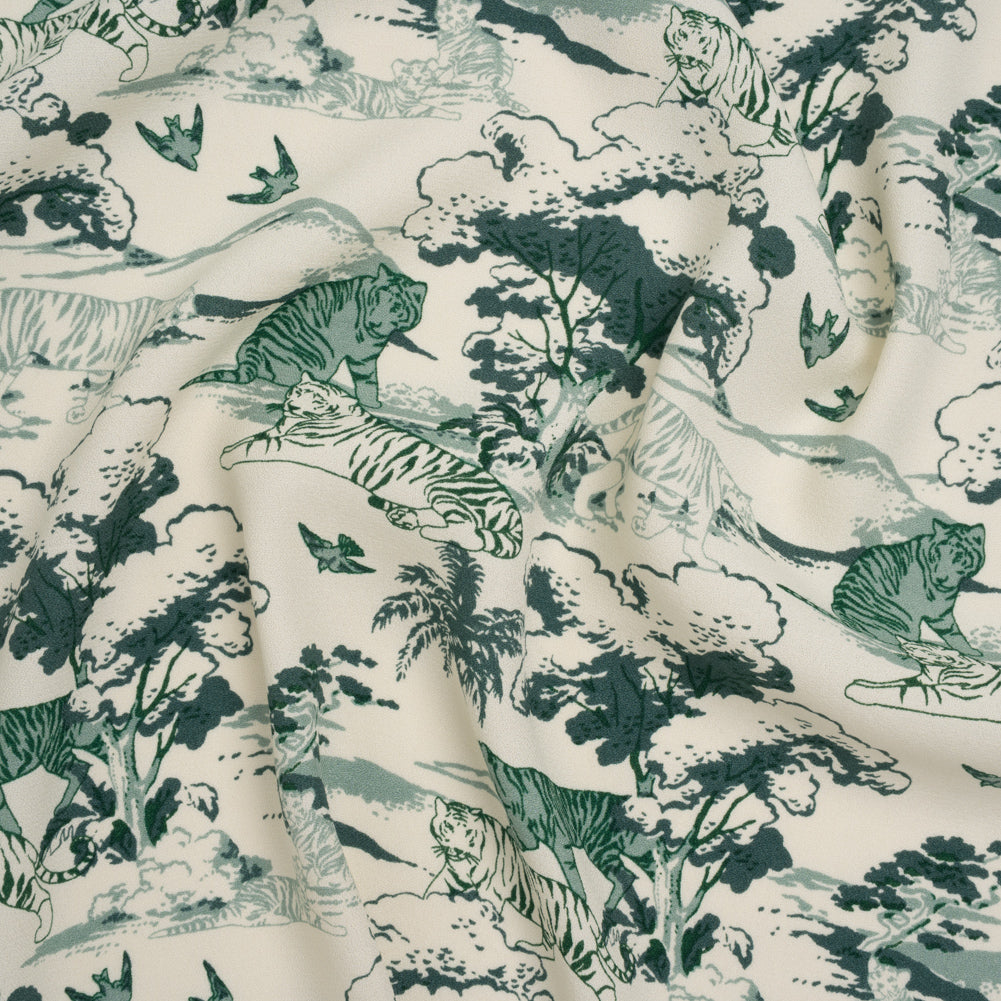 Sustainable Viscose Crepe Print - Green and Cream Tigers in Nature Illustration - Designer Deadstock Sustainable Viscose Crepe Print - Green and Cream Tigers in Nature Illustration - Designer Deadstock