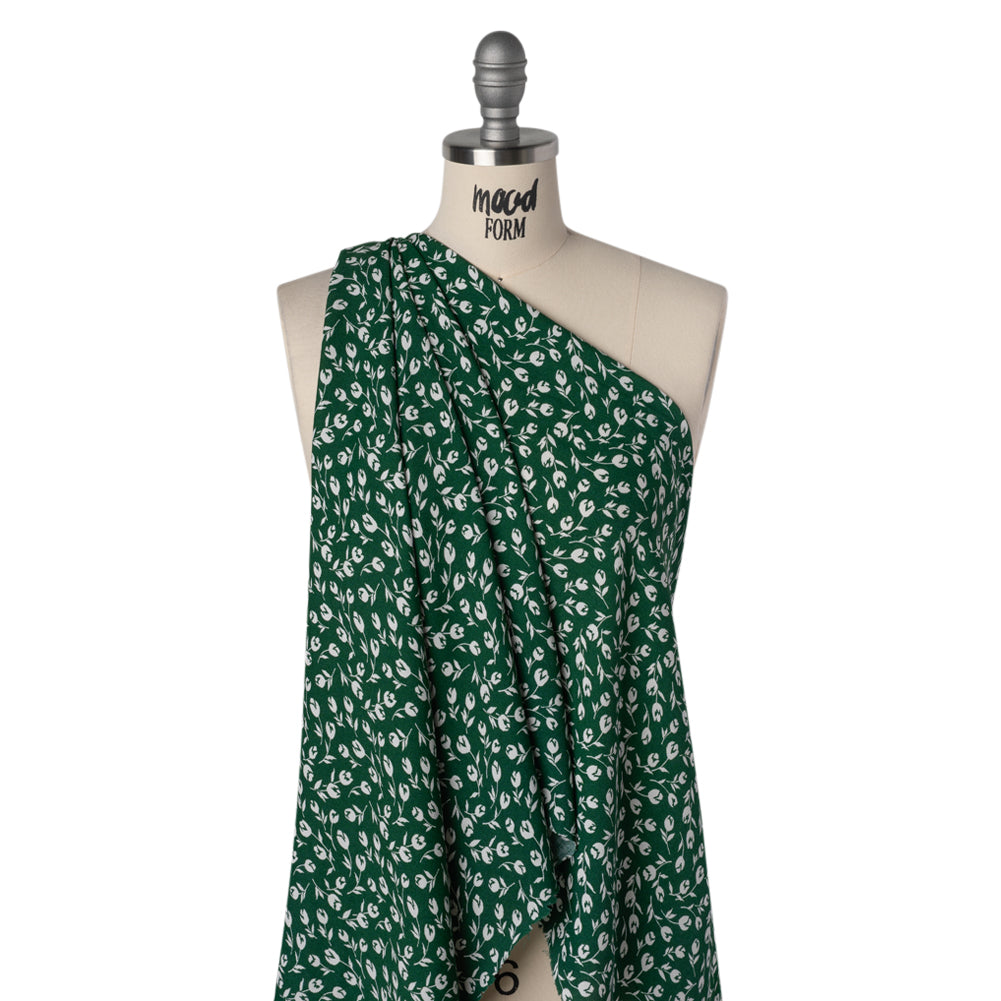 Sustainable Viscose Crepe Print - Forest Green and White Wispy Floral - Designer Deadstock - Drape Sustainable Viscose Crepe Print - Forest Green and White Wispy Floral - Designer Deadstock - Drape