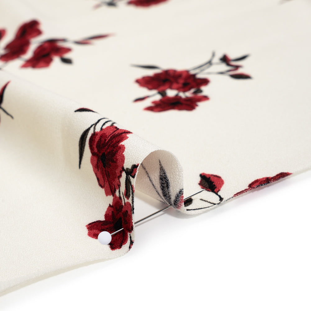 Sustainable Viscose Crepe Print - Scarlet Red and Cream Floral - Designer Deadstock - Detail Sustainable Viscose Crepe Print - Scarlet Red and Cream Floral - Designer Deadstock - Detail