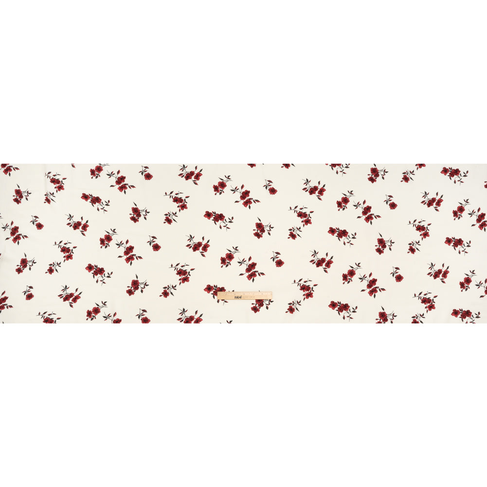Sustainable Viscose Crepe Print - Scarlet Red and Cream Floral - Designer Deadstock - Full Sustainable Viscose Crepe Print - Scarlet Red and Cream Floral - Designer Deadstock - Full