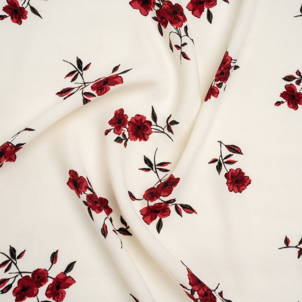 Sustainable Viscose Crepe Print - Scarlet Red and Cream Floral - Designer Deadstock Sustainable Viscose Crepe Print - Scarlet Red and Cream Floral - Designer Deadstock