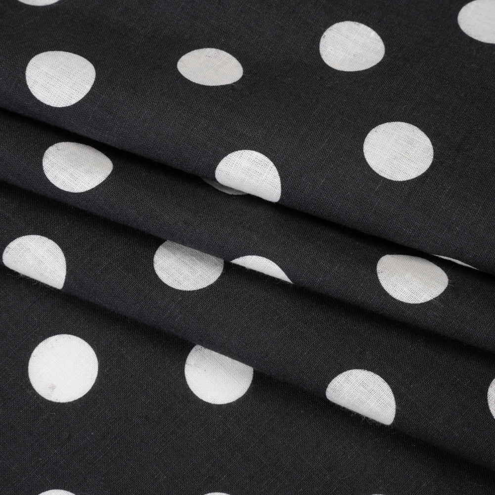 Linen and Cotton Woven Print - Black and Ivory Polka Dots - Famous Australian Designer Deadstock - Folded Linen and Cotton Woven Print - Black and Ivory Polka Dots - Famous Australian Designer Deadstock - Folded