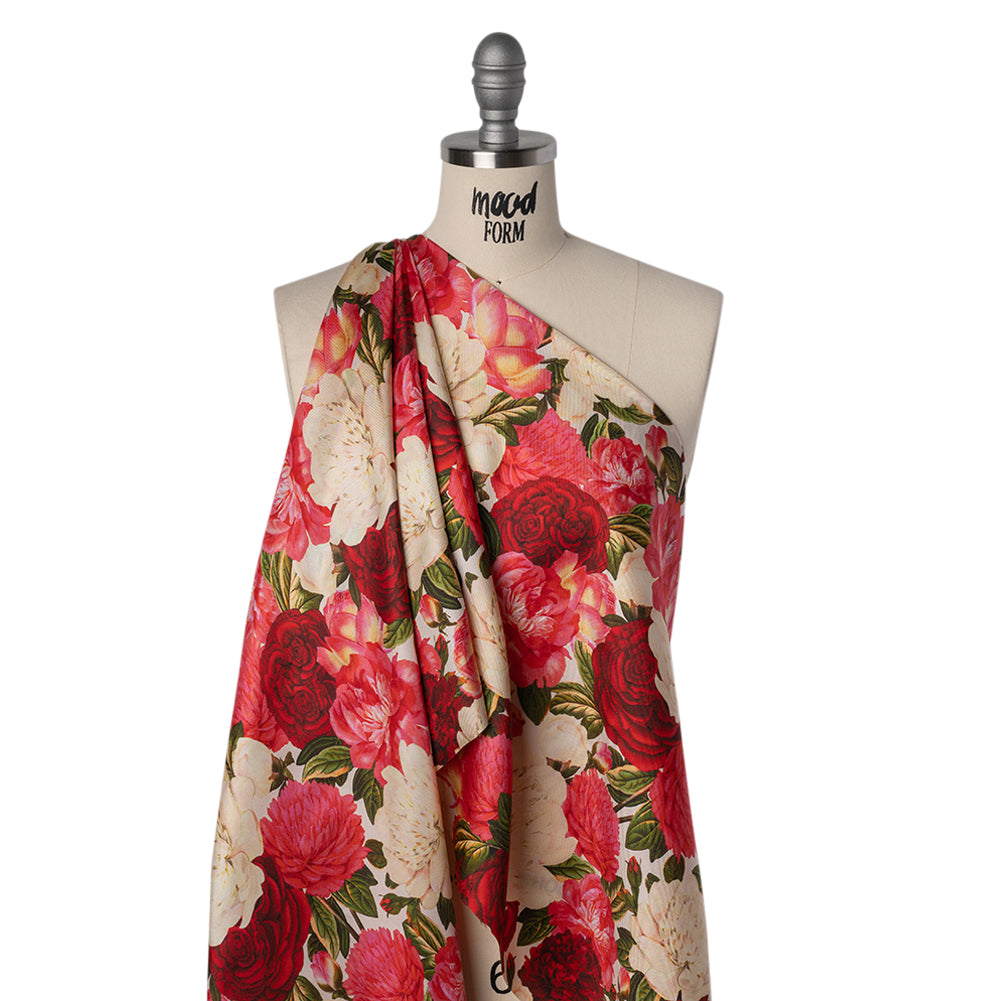 Silk Twill Print - Pink, Red and Ivory Roses - Famous Australian Designer Deadstock - Drape Silk Twill Print - Pink, Red and Ivory Roses - Famous Australian Designer Deadstock - Drape