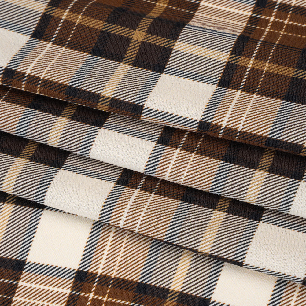 Stretch Polyester Crepe - Brown, Beige and Navy Diagonal Plaid - Designer Deadstock - Folded Stretch Polyester Crepe - Brown, Beige and Navy Diagonal Plaid - Designer Deadstock - Folded