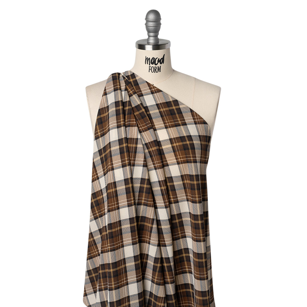 Stretch Polyester Crepe - Brown, Beige and Navy Diagonal Plaid - Designer Deadstock - Drape Stretch Polyester Crepe - Brown, Beige and Navy Diagonal Plaid - Designer Deadstock - Drape
