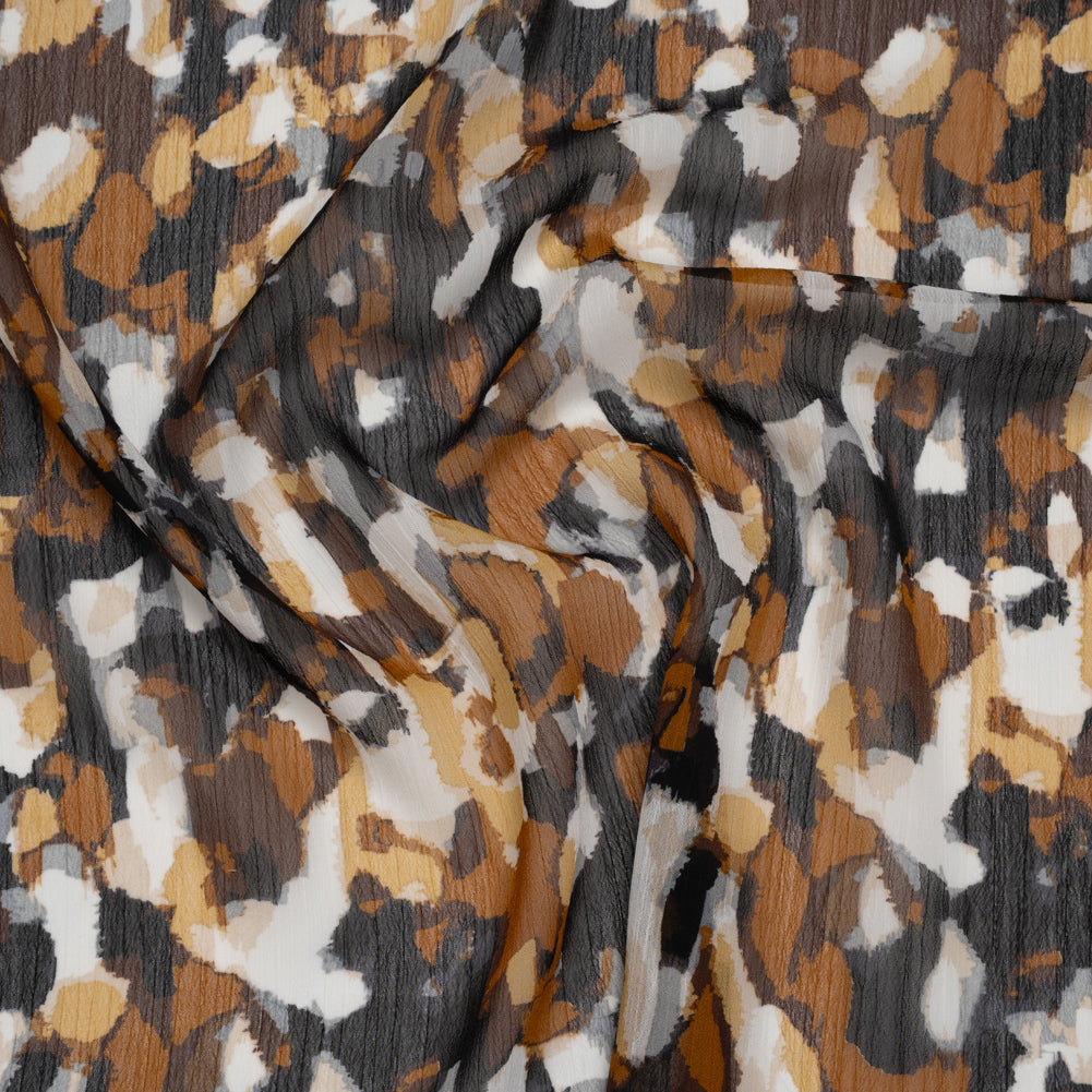 Crinkled Polyester Chiffon Print - Black, Brown and White Painterly Spots - Designer Deadstock Crinkled Polyester Chiffon Print - Black, Brown and White Painterly Spots - Designer Deadstock
