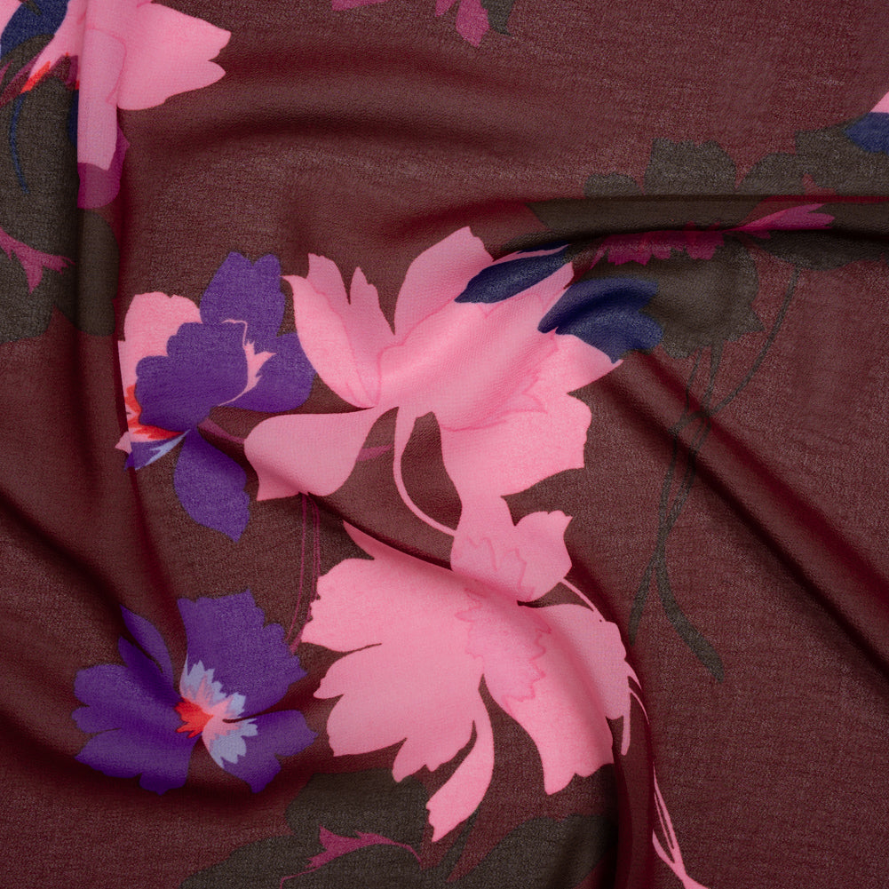 Polyester Chiffon Print - Wine Red, Pink and Purple Floral - Designer Deadstock Polyester Chiffon Print - Wine Red, Pink and Purple Floral - Designer Deadstock