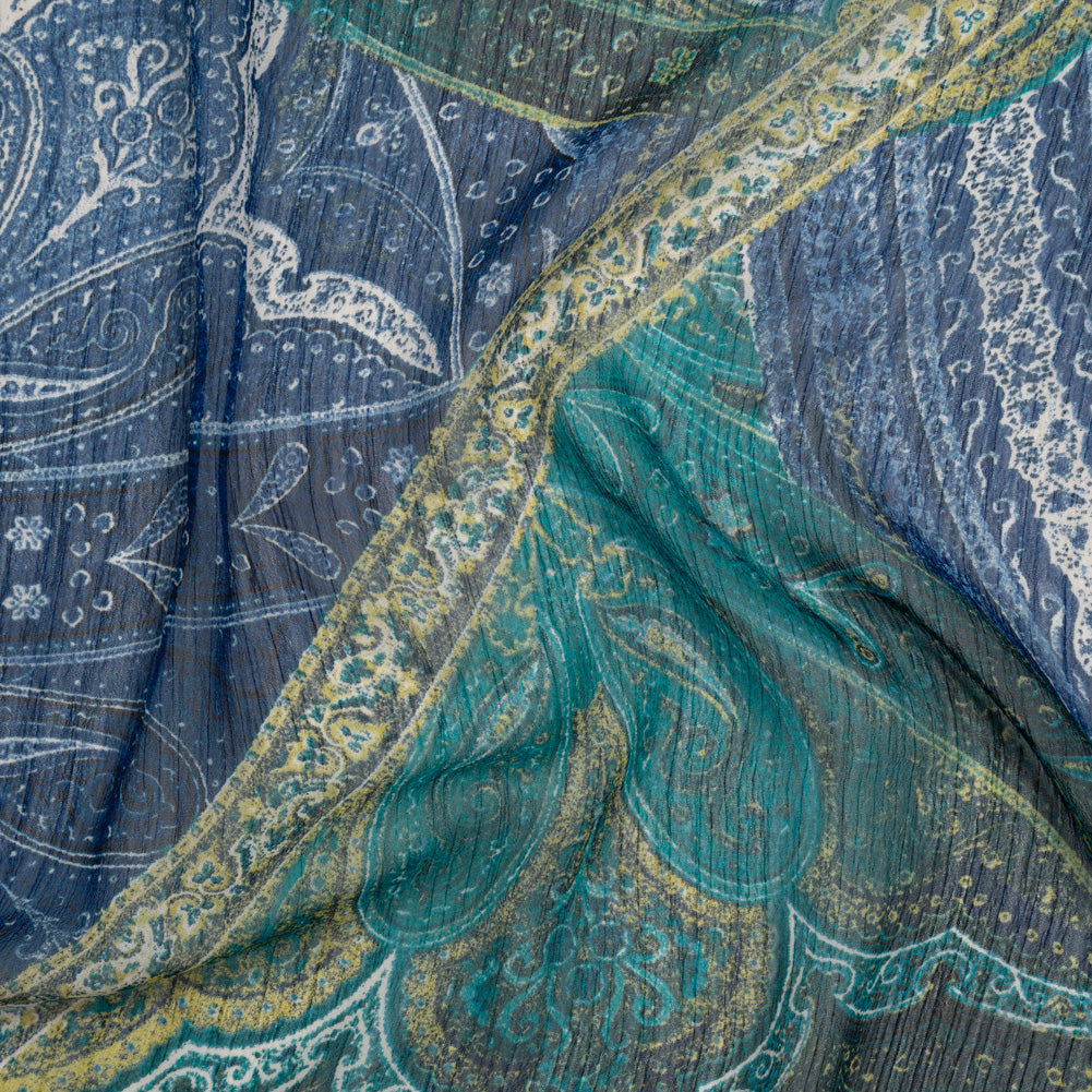 Crinkled Polyester Chiffon Print - Dark Blue, Teal and Olive Ornate Paisley Patchwork - Designer Deadstock Crinkled Polyester Chiffon Print - Dark Blue, Teal and Olive Ornate Paisley Patchwork - Designer Deadstock