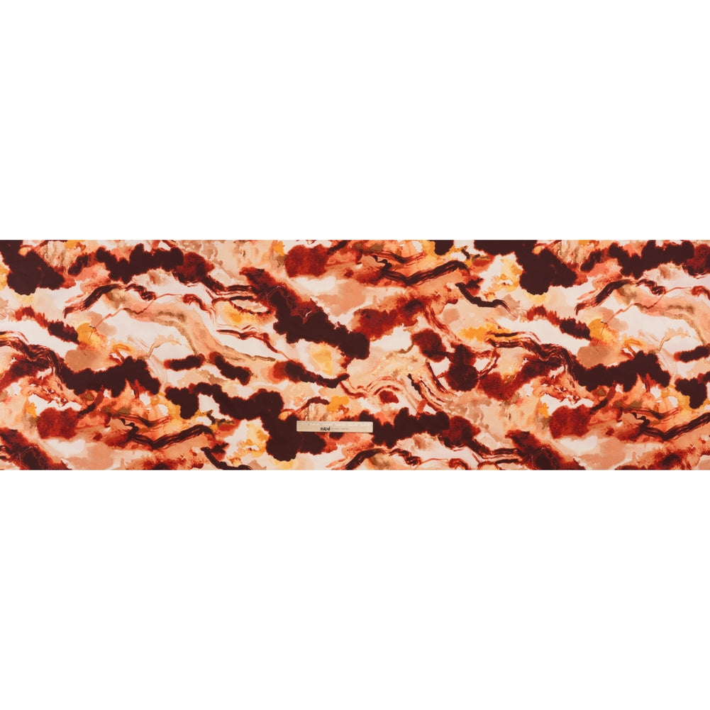 Stretch Polyester Charmeuse Print - Beige, Peach and Burgundy Abstract - Designer Deadstock - Full Stretch Polyester Charmeuse Print - Beige, Peach and Burgundy Abstract - Designer Deadstock - Full