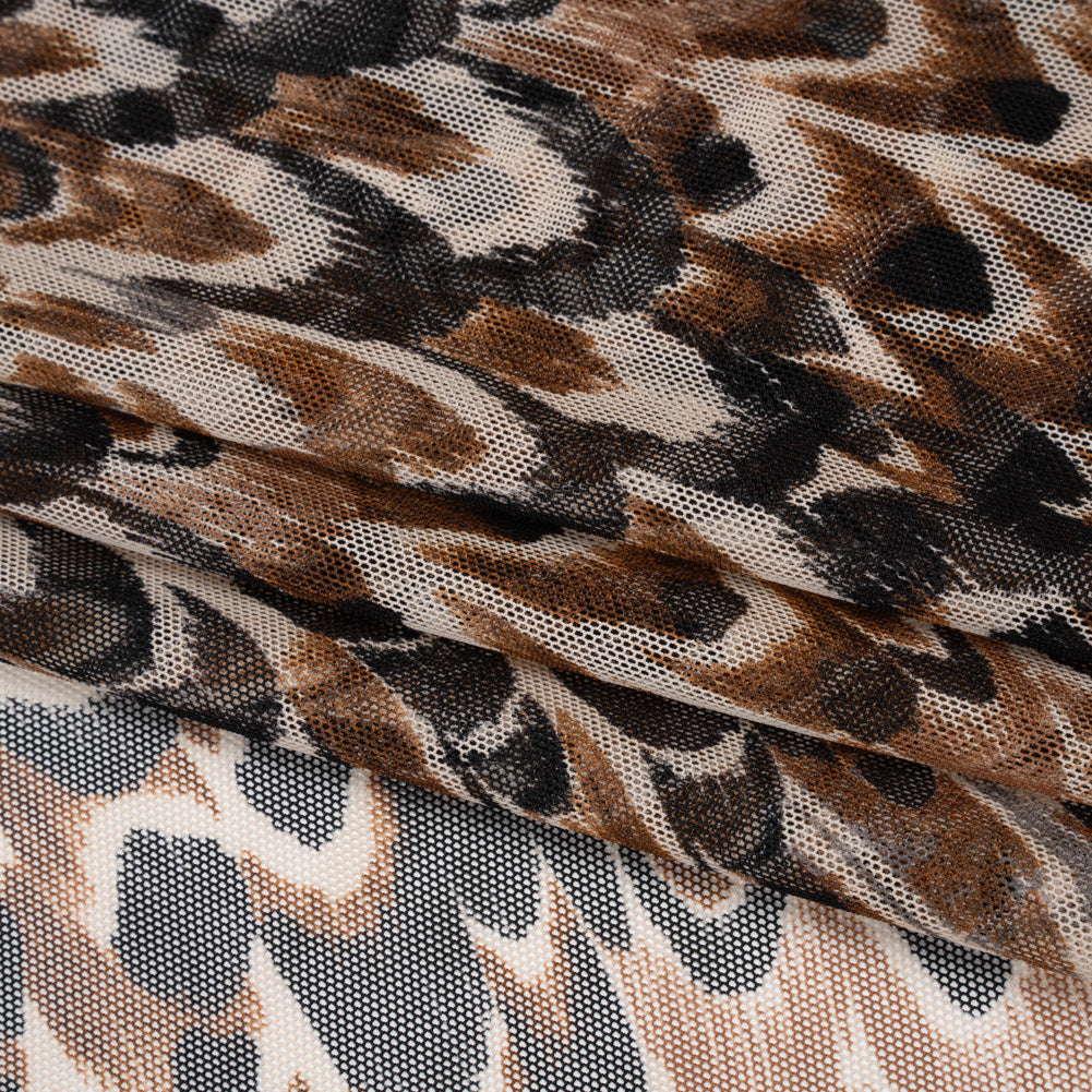 Polyester Stretch Mesh - Brown, Black and Cream Turkey Feathers - Designer Deadstock - Folded Polyester Stretch Mesh - Brown, Black and Cream Turkey Feathers - Designer Deadstock - Folded
