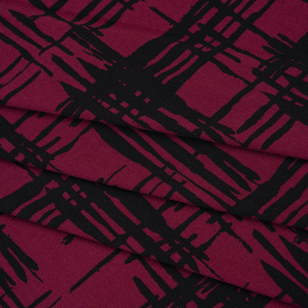 Stretch Polyester Matte Jersey Print - Raspberry and Black Abstract Hatching - Designer Deadstock - Folded Stretch Polyester Matte Jersey Print - Raspberry and Black Abstract Hatching - Designer Deadstock - Folded