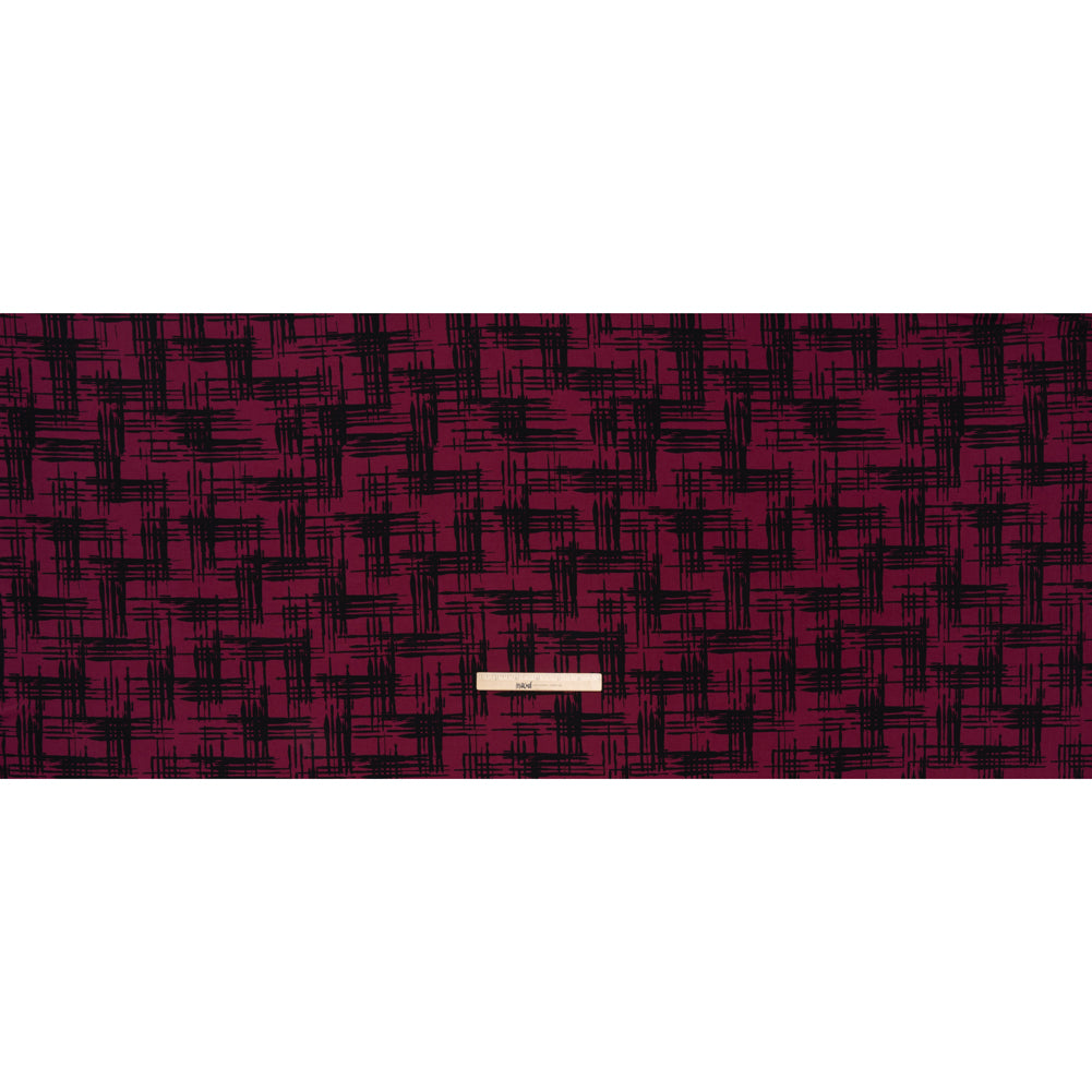 Stretch Polyester Matte Jersey Print - Raspberry and Black Abstract Hatching - Designer Deadstock - Full Stretch Polyester Matte Jersey Print - Raspberry and Black Abstract Hatching - Designer Deadstock - Full