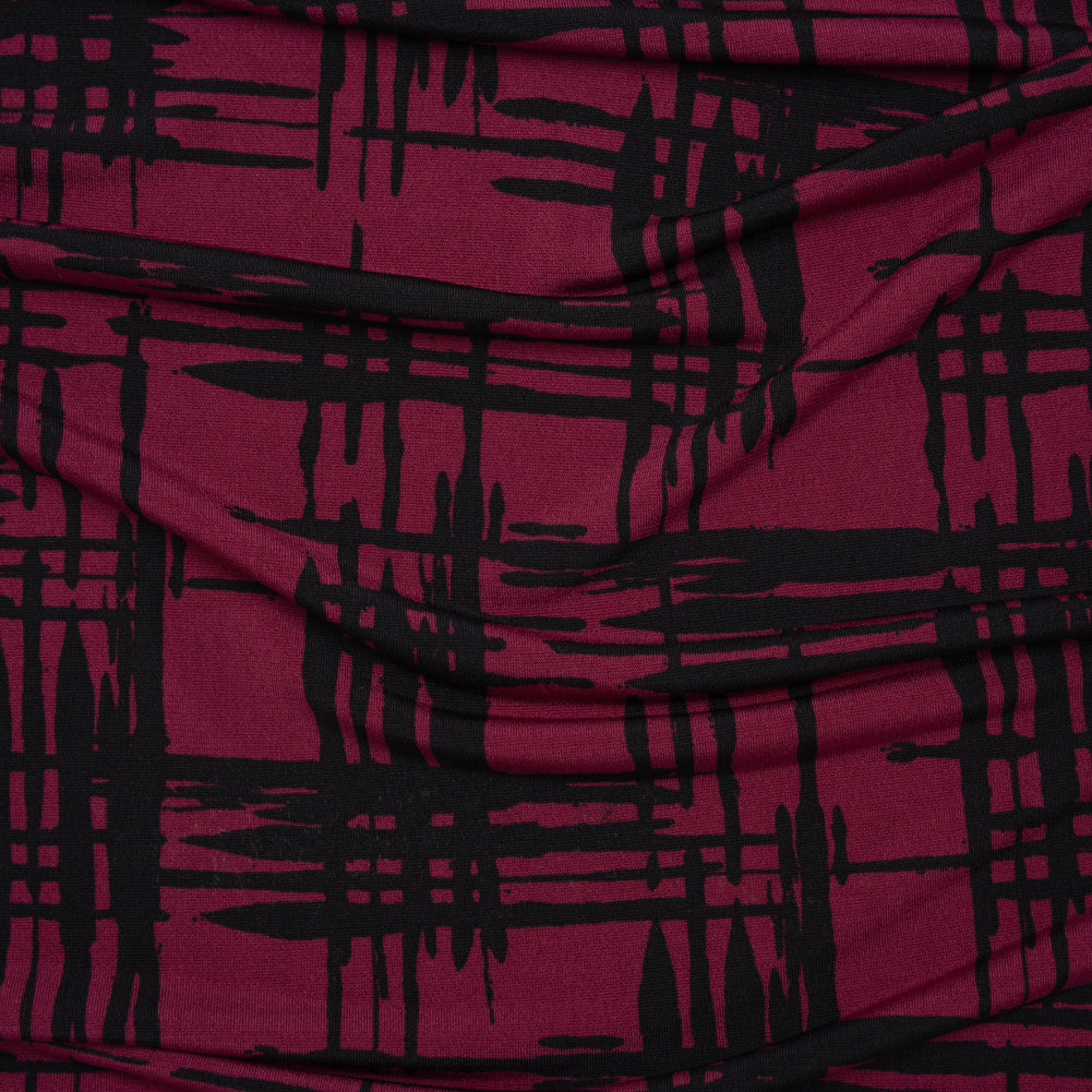 Stretch Polyester Matte Jersey Print - Raspberry and Black Abstract Hatching - Designer Deadstock Stretch Polyester Matte Jersey Print - Raspberry and Black Abstract Hatching - Designer Deadstock