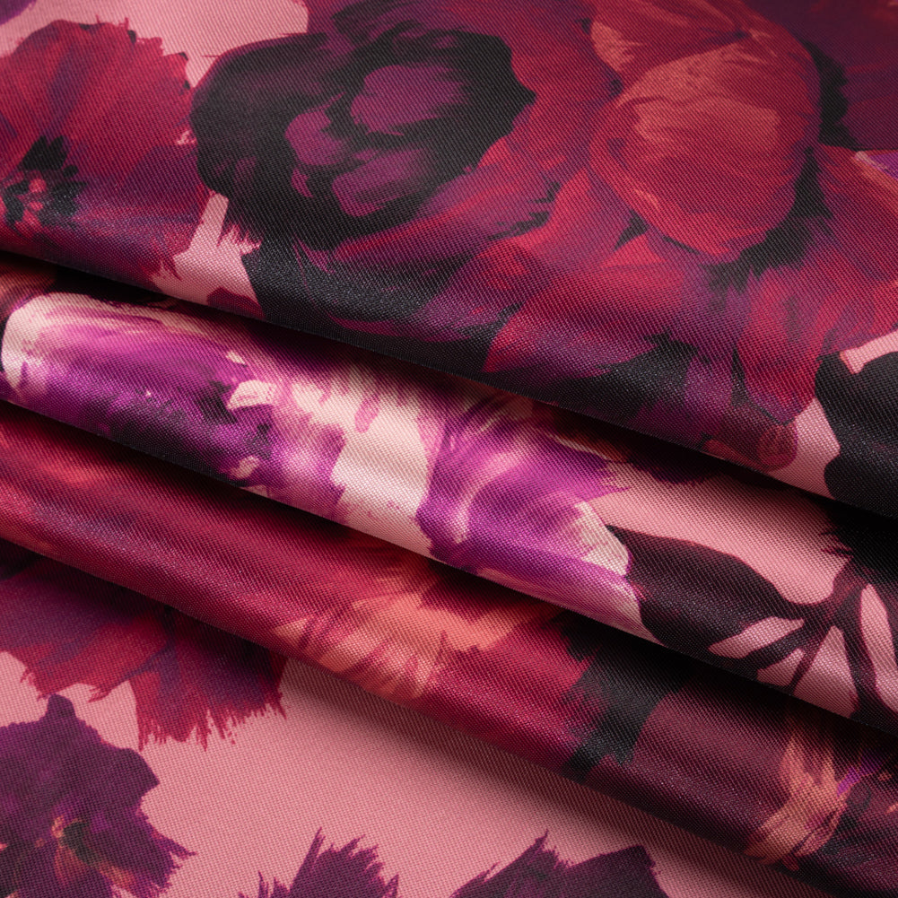 Polyester Mikado Print - Pink, Red and Plum Painterly Florals - Designer Deadstock - Folded Polyester Mikado Print - Pink, Red and Plum Painterly Florals - Designer Deadstock - Folded