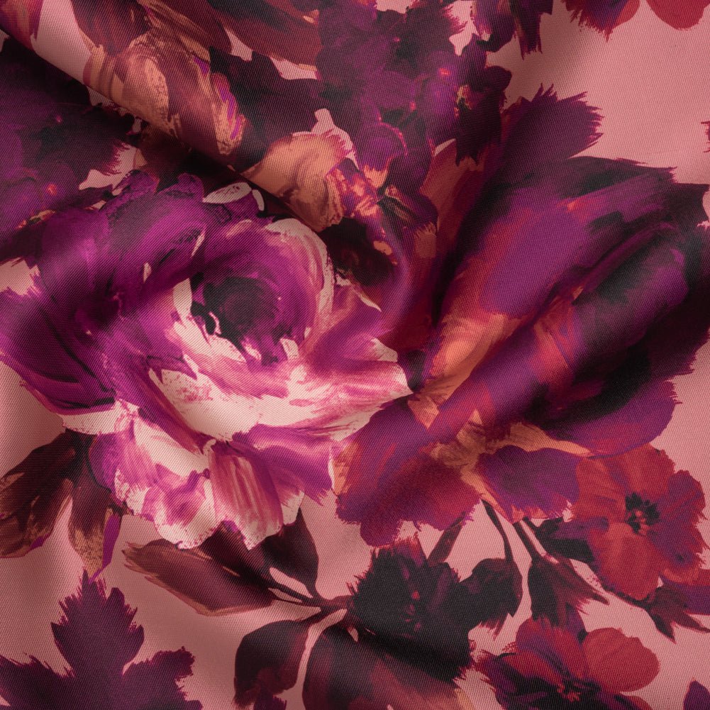 Polyester Mikado Print - Pink, Red and Plum Painterly Florals - Designer Deadstock Polyester Mikado Print - Pink, Red and Plum Painterly Florals - Designer Deadstock