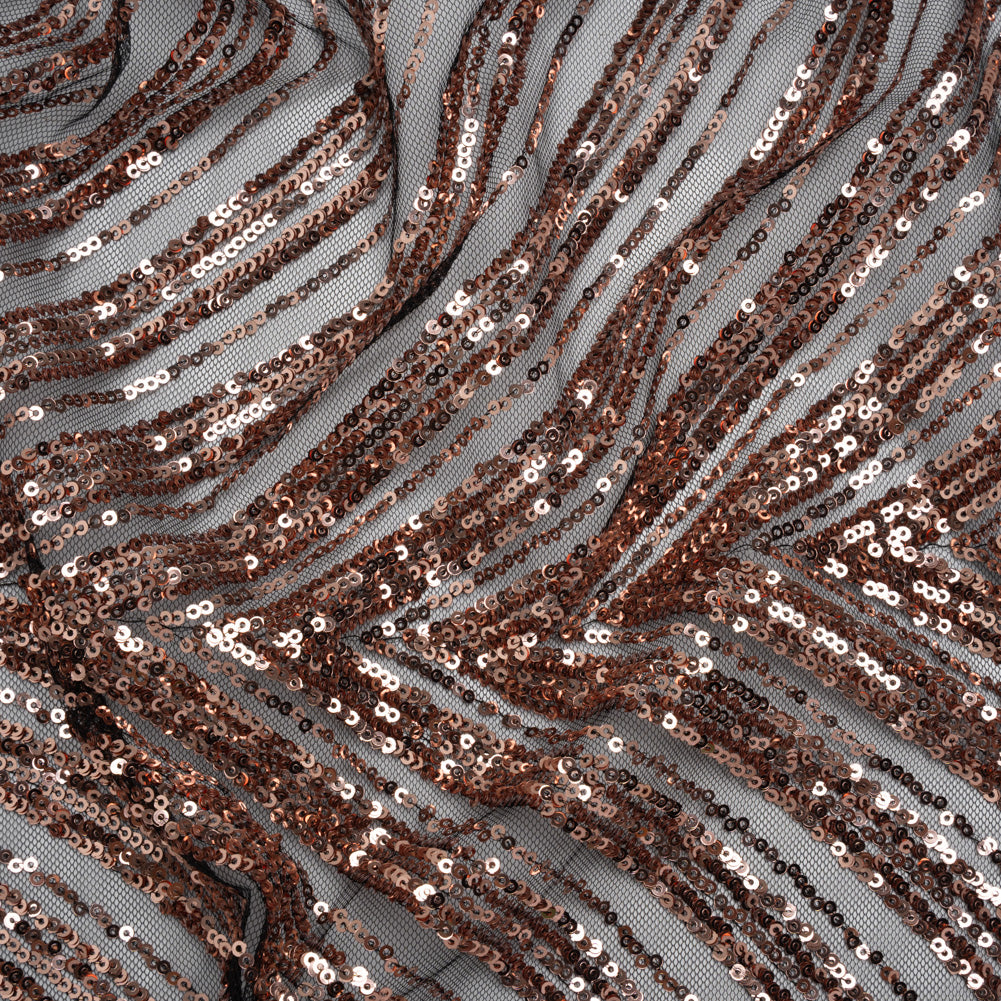 Sequined Polyester Tulle - Rose Gold Art Deco Arches on Black - Designer Deadstock Sequined Polyester Tulle - Rose Gold Art Deco Arches on Black - Designer Deadstock