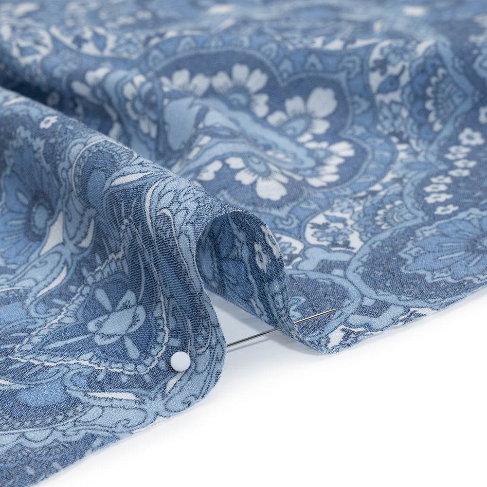 Textured Gauzy Rayon and Polyester Woven Print - Steel Blue, Sky and White Fancy Floral Medallions - Designer Deadstock - Detail Textured Gauzy Rayon and Polyester Woven Print - Steel Blue, Sky and White Fancy Floral Medallions - Designer Deadstock - Detail