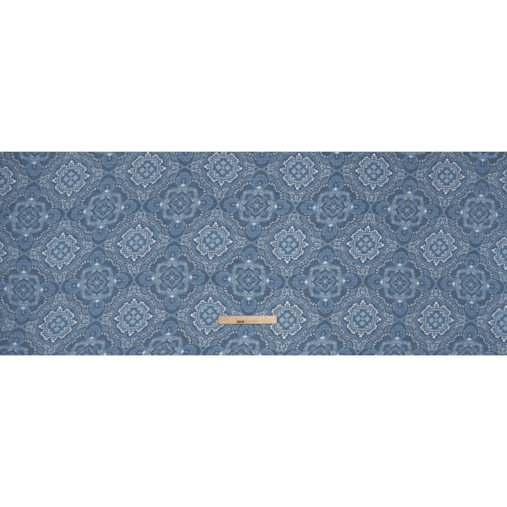 Textured Gauzy Rayon and Polyester Woven Print - Steel Blue, Sky and White Fancy Floral Medallions - Designer Deadstock - Full Textured Gauzy Rayon and Polyester Woven Print - Steel Blue, Sky and White Fancy Floral Medallions - Designer Deadstock - Full