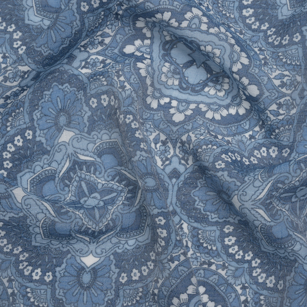 Textured Gauzy Rayon and Polyester Woven Print - Steel Blue, Sky and White Fancy Floral Medallions - Designer Deadstock Textured Gauzy Rayon and Polyester Woven Print - Steel Blue, Sky and White Fancy Floral Medallions - Designer Deadstock