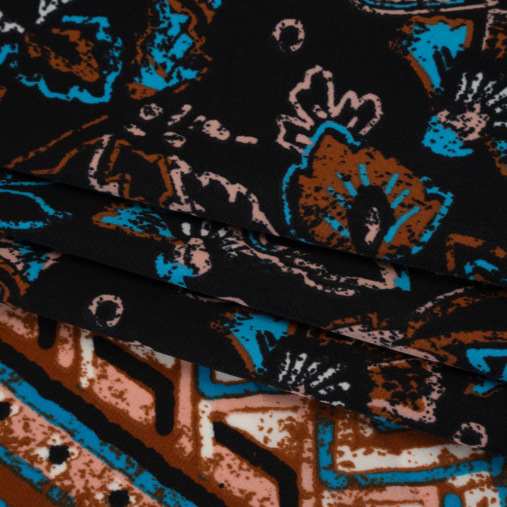 Satin-Faced Fluid Polyester Woven Print - Black, Russet Brown and Turquoise Blue Floral and Geometric Borders - Designer Deadstock - Folded Satin-Faced Fluid Polyester Woven Print - Black, Russet Brown and Turquoise Blue Floral and Geometric Borders - Designer Deadstock - Folded