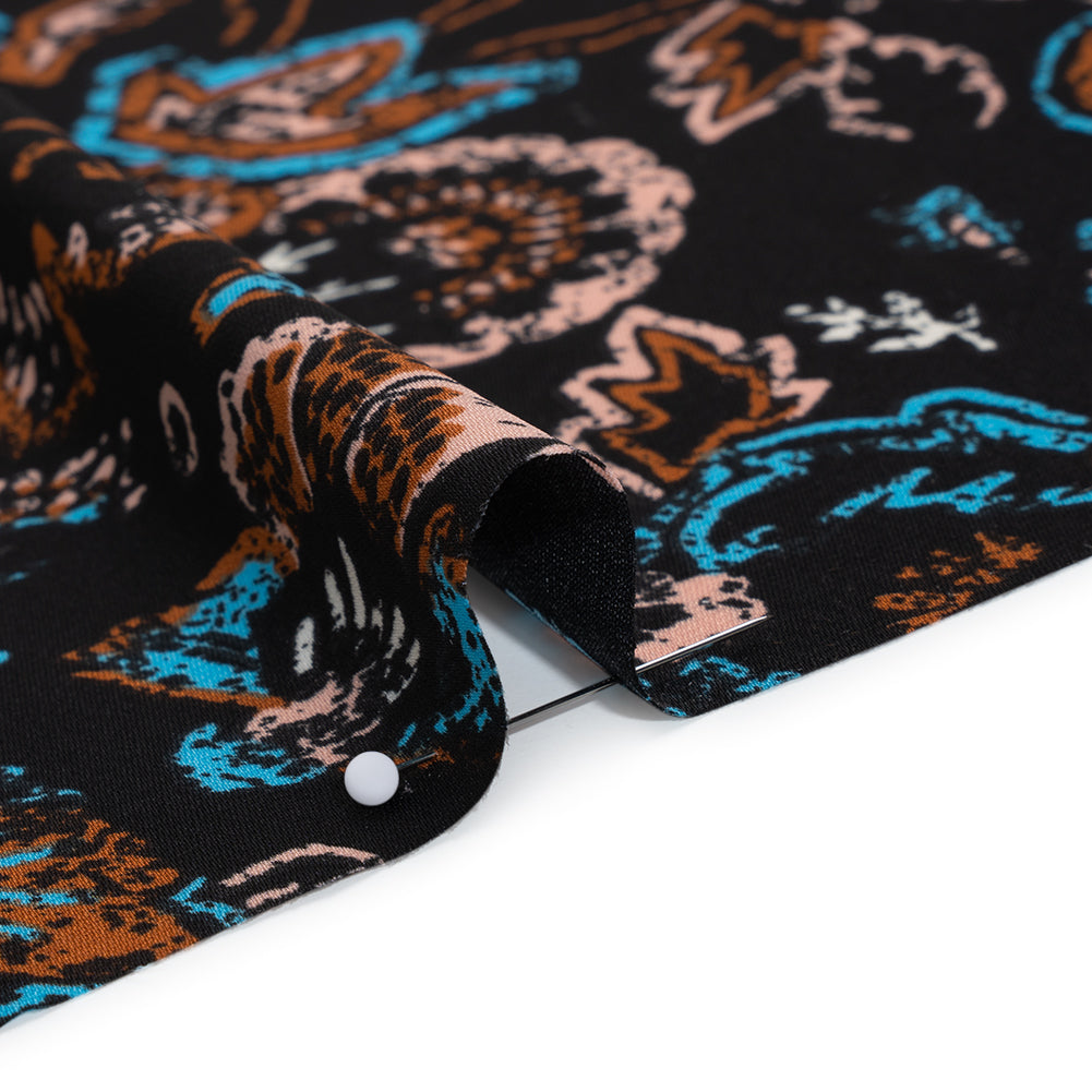 Satin-Faced Fluid Polyester Woven Print - Black, Russet Brown and Turquoise Blue Floral and Geometric Borders - Designer Deadstock - Detail Satin-Faced Fluid Polyester Woven Print - Black, Russet Brown and Turquoise Blue Floral and Geometric Borders - Designer Deadstock - Detail