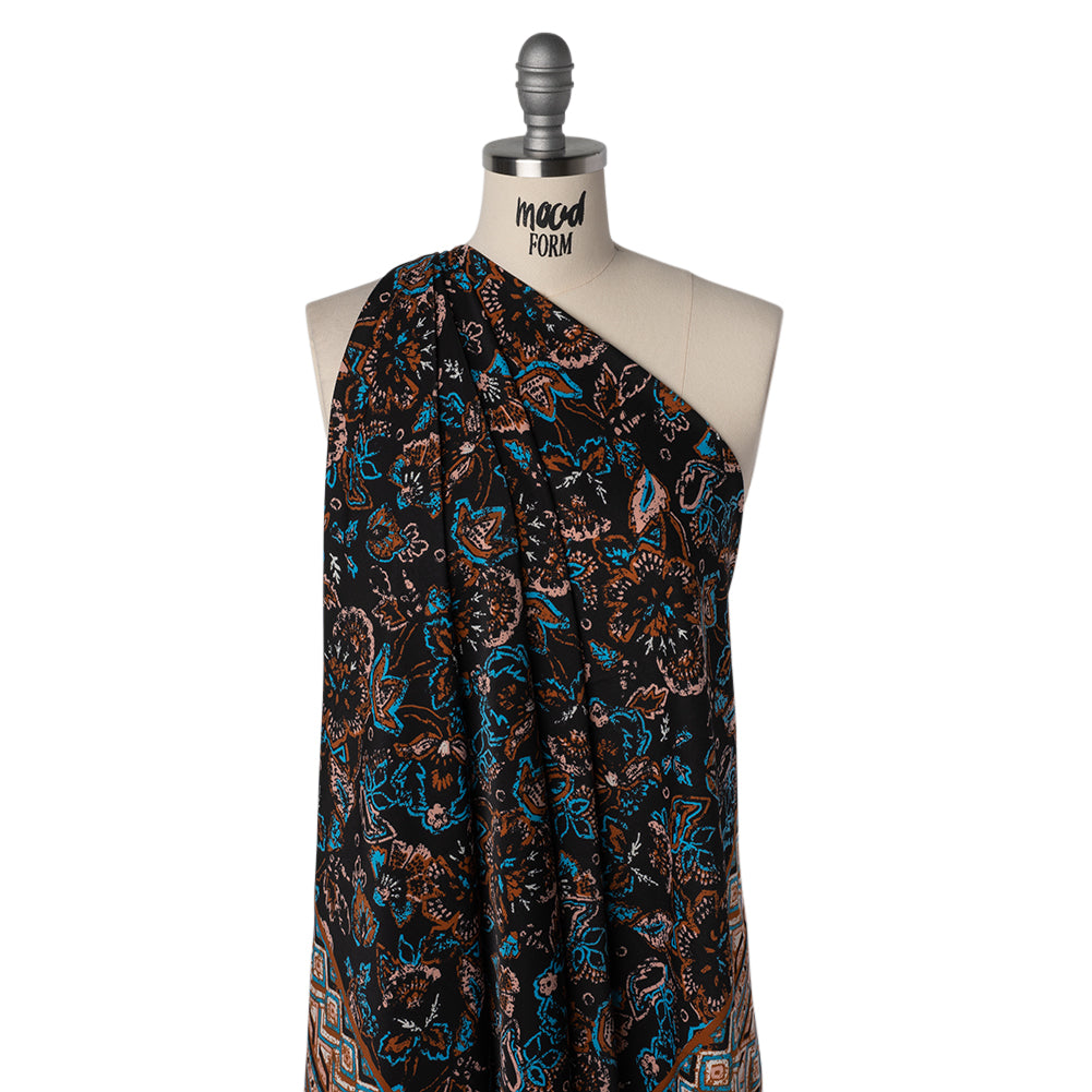 Satin-Faced Fluid Polyester Woven Print - Black, Russet Brown and Turquoise Blue Floral and Geometric Borders - Designer Deadstock - Drape Satin-Faced Fluid Polyester Woven Print - Black, Russet Brown and Turquoise Blue Floral and Geometric Borders - Designer Deadstock - Drape